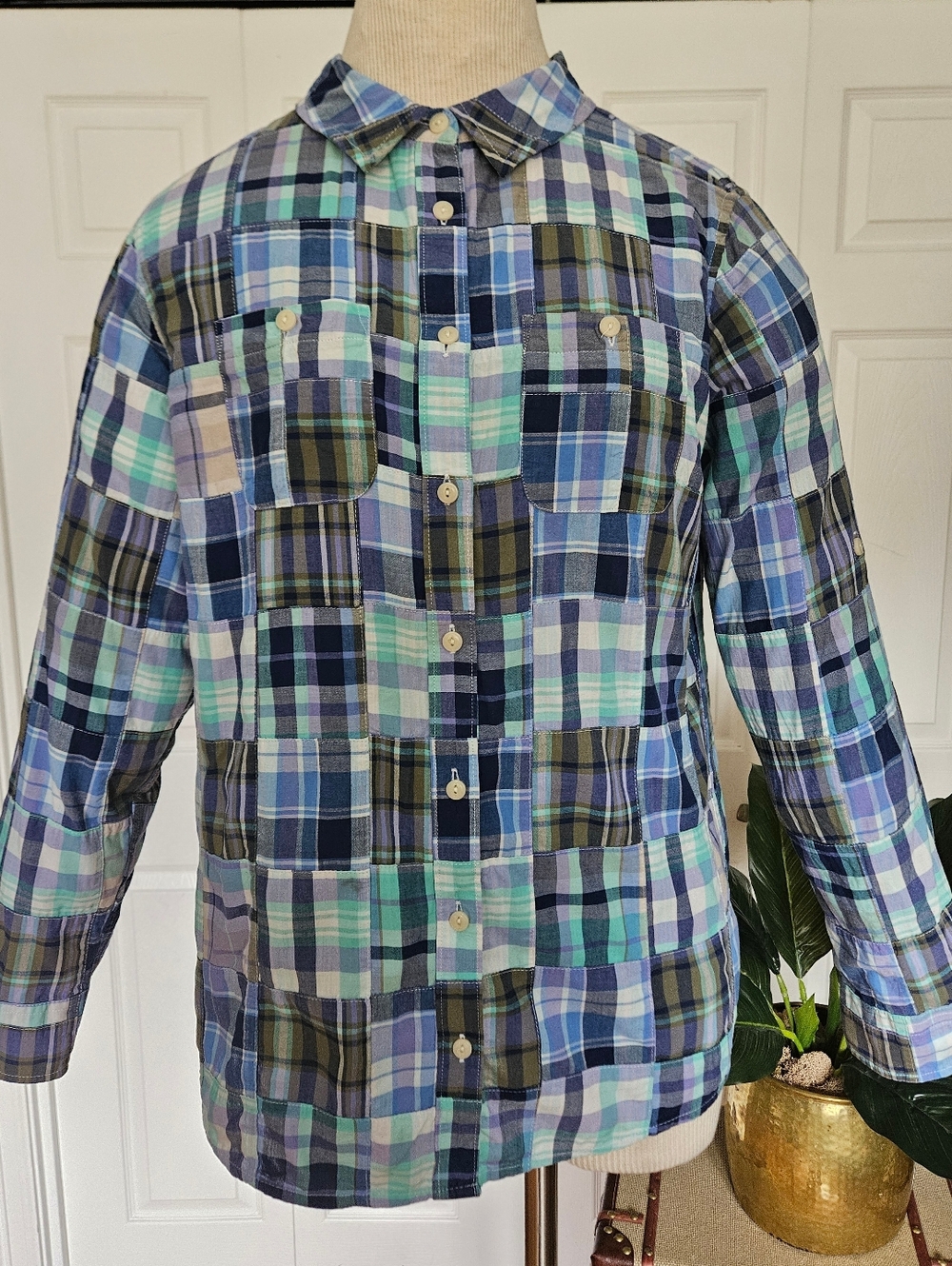 L.L. BEAN 100% Cotton Preppy, Tartan, Plaid Patchwork long - 3/4 Sleeve Shirt!